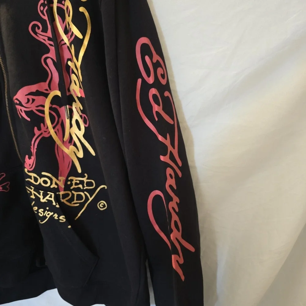 Ed Hardy "Skulls" Graphic Print  Size XL Full Zip Fleece Hoodie Black NWT - Picture 4 of 13